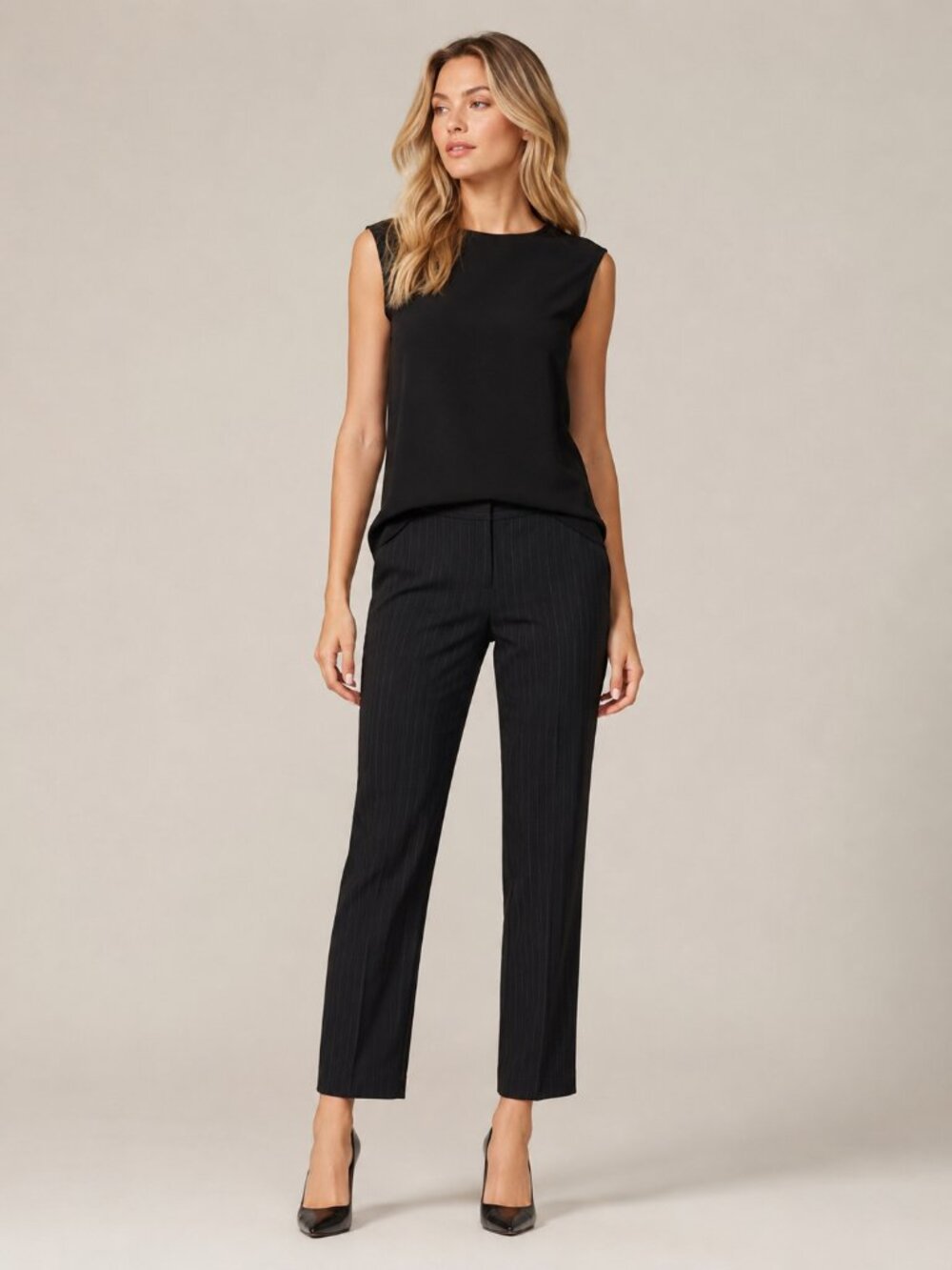 2/$30 Chico's Chalk Stripe Dress Pants Mid Rise Black 12 #A2907